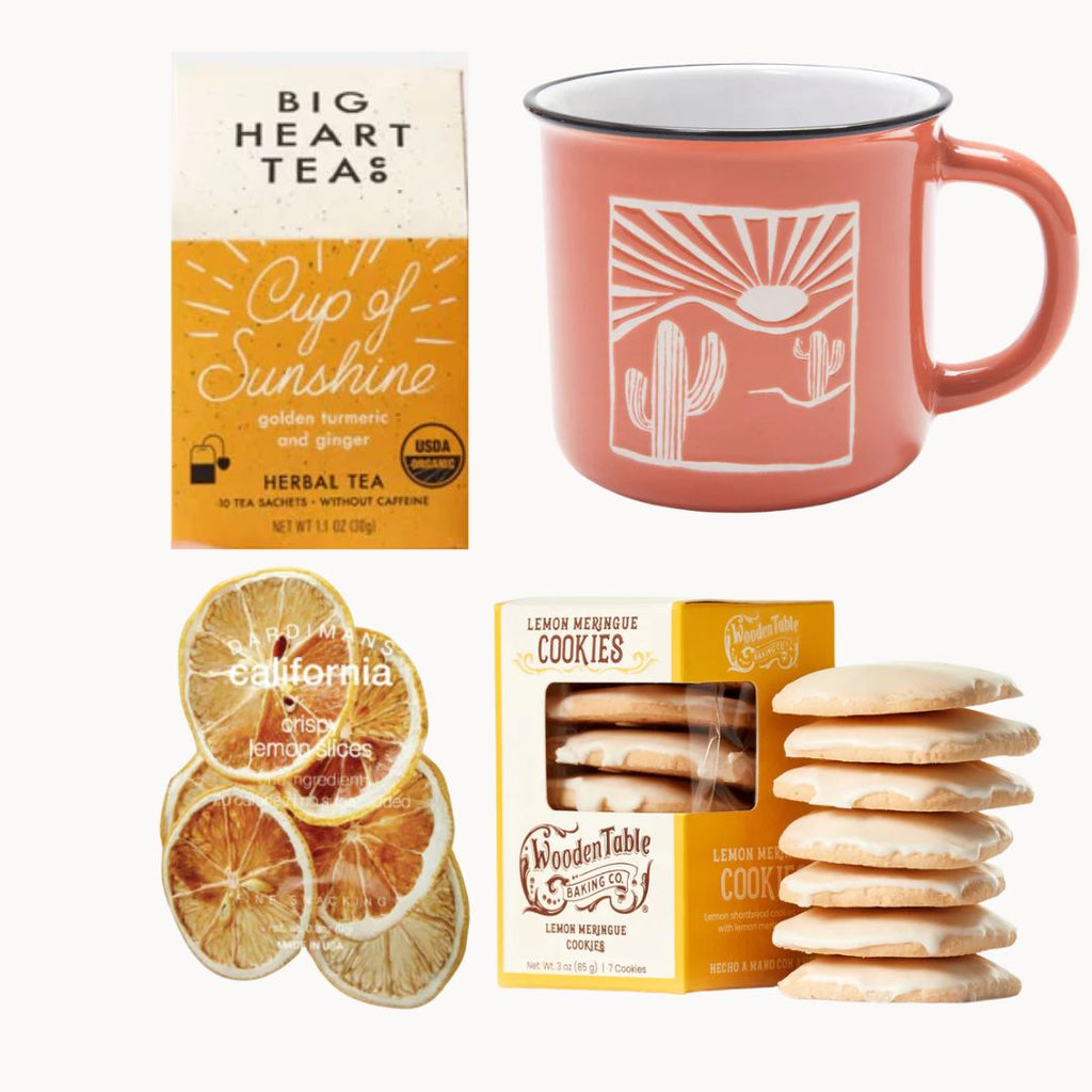 tea 10 pack, cactus desert mug, lemon crisp dehydrated, lemon cookies, gift set tea and lemon