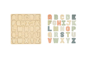 Wooden ABC puzzle with earth tone letters showing the pieces out of the puzzle