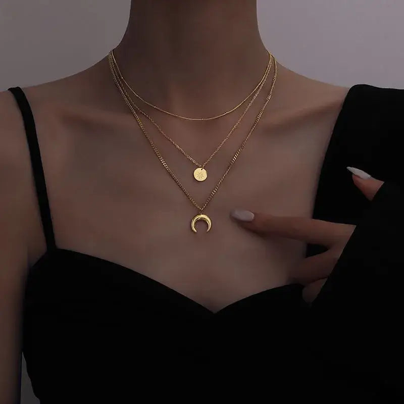 Moon Three Layer 18K Layer Necklace