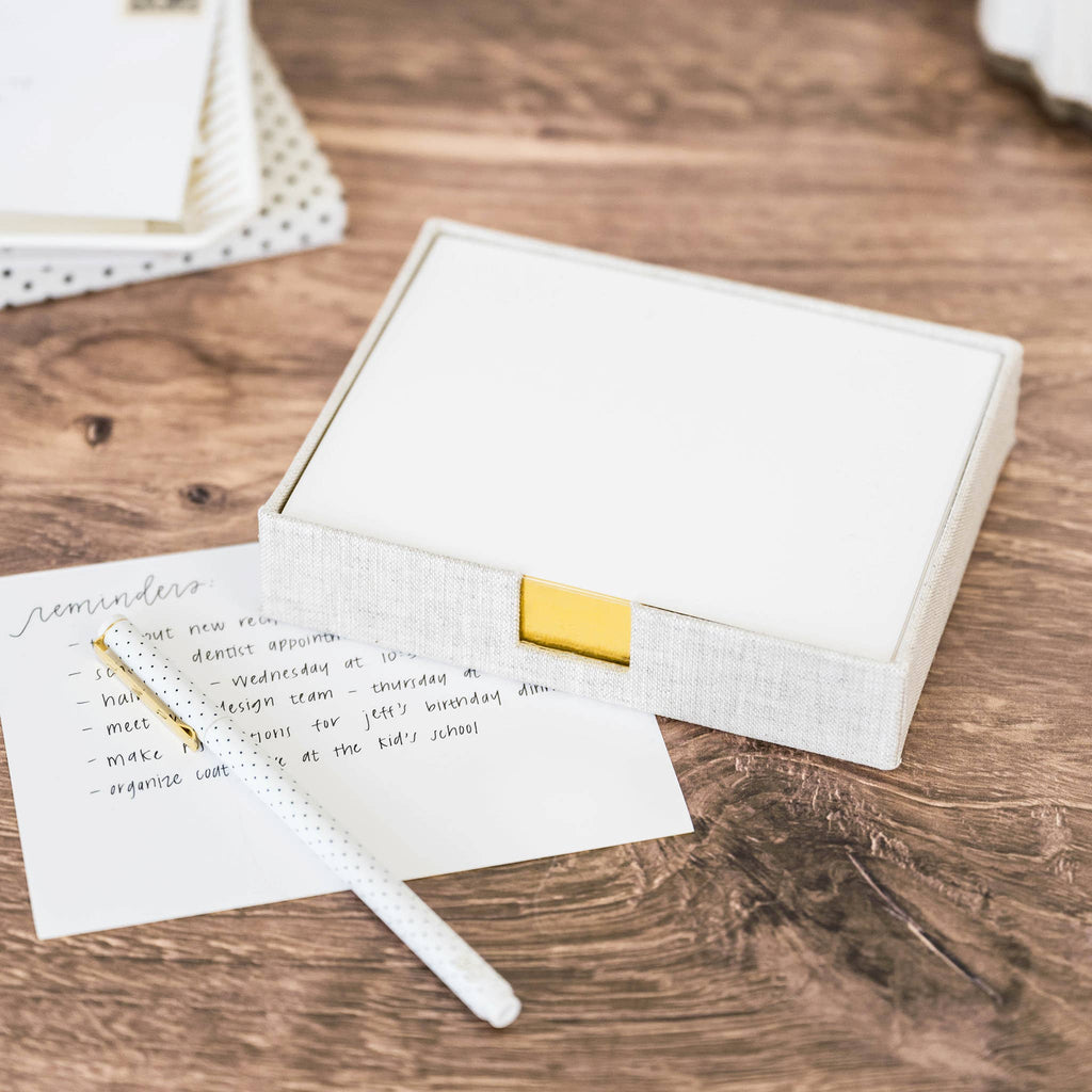 Box of Notecards with Pen, "Reminders", Wooden Table