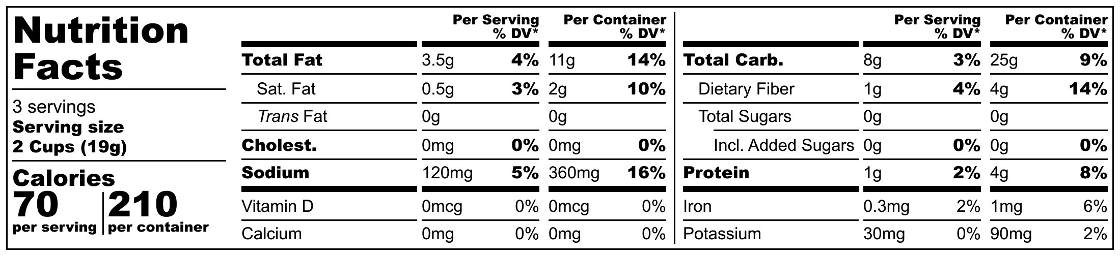 Nutrition facts label for a food product with serving size, calories, and nutritional content.