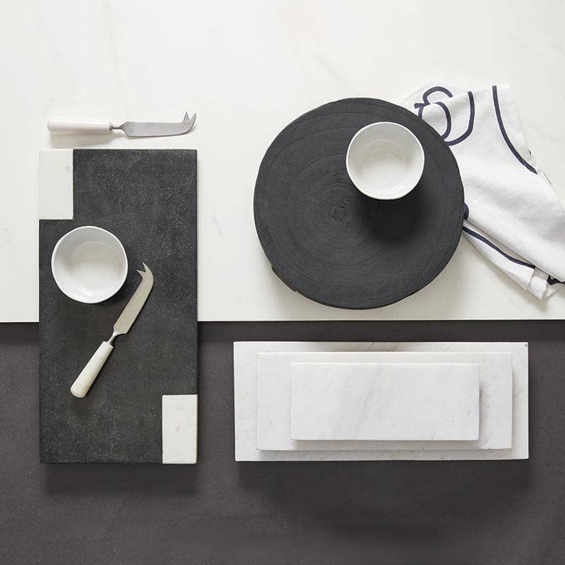 Large White Marble Tray and Black 12" Paulownia Pedestal Tray