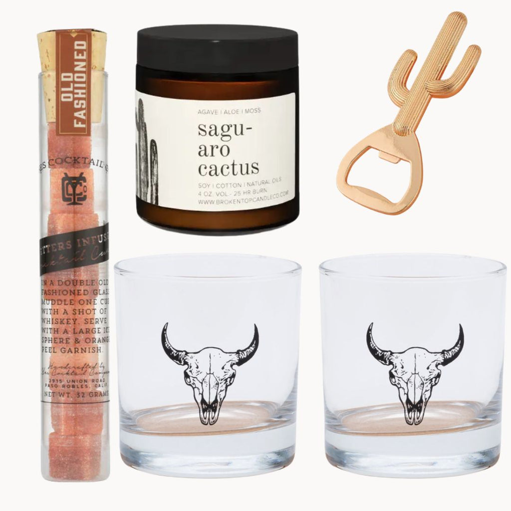 old fashion sugar cubes, cactus bottle opener, cactus candle, rocks glasses for gifting