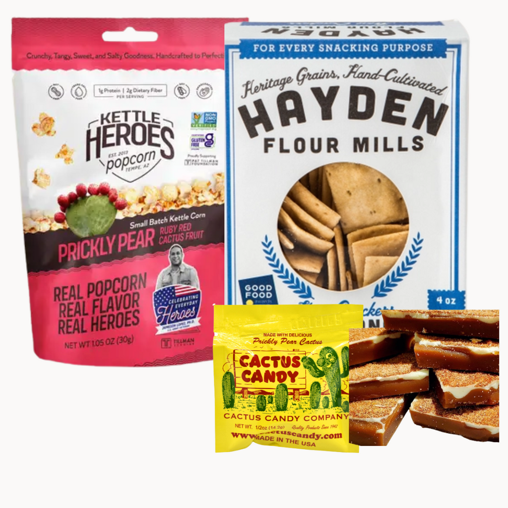 snack gift box with popcorn, crackers, cactus candy, and toffee