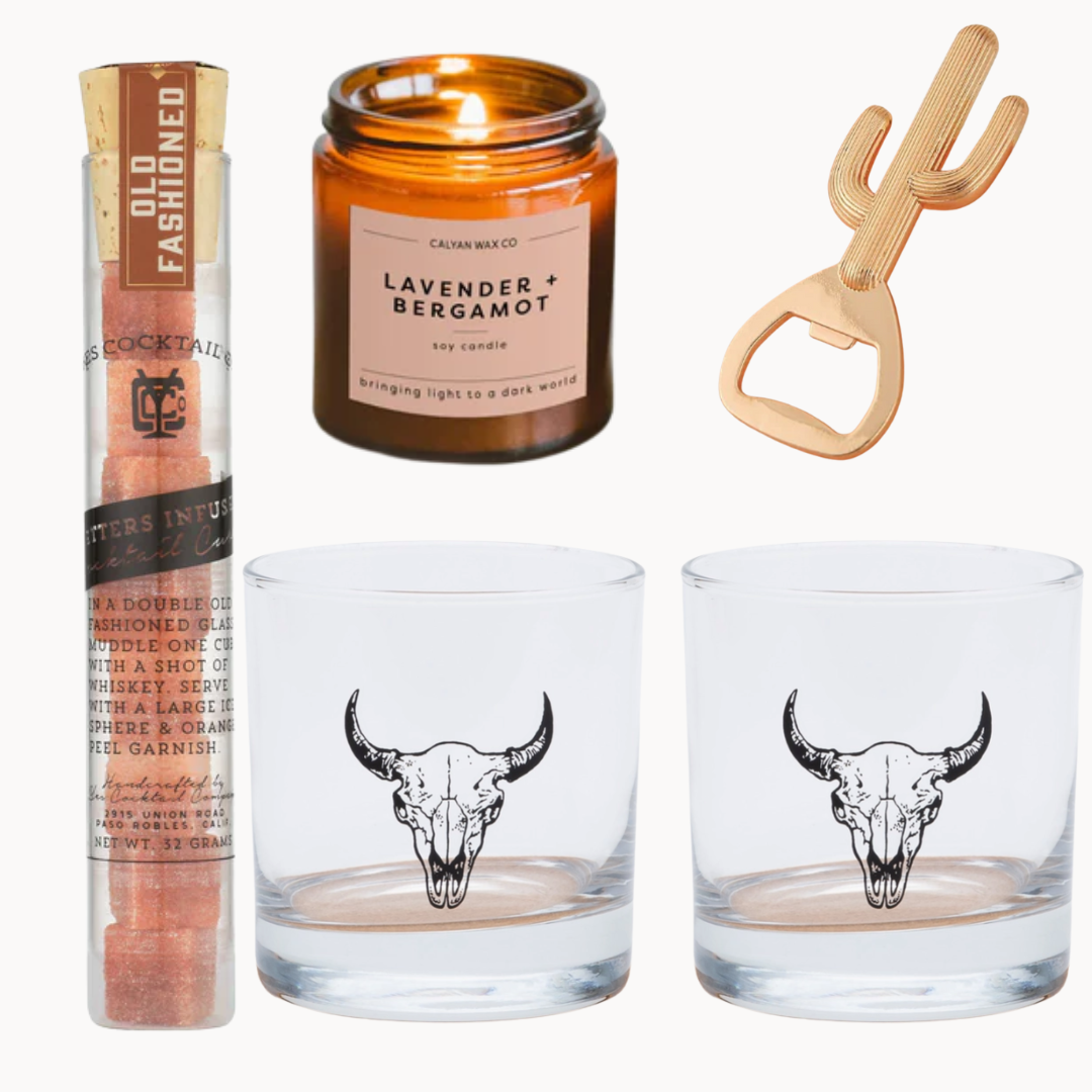 old fashioned sugar cubes, whiskey glasses, candle, cactus bottle opener for male gift set