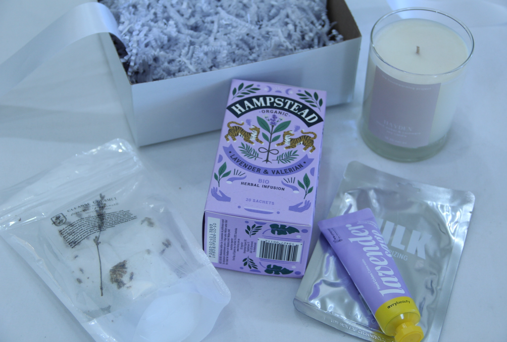 hampstead tea box, hayden soy candle, lavender & sage lotion, milk face sheet, shower steamer