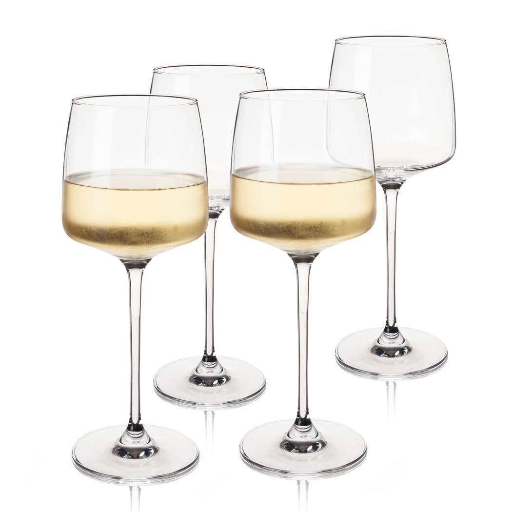 A set of four clear, angled Chardonnay wine glasses made of European lead-free crystal, displayed on a white surface.