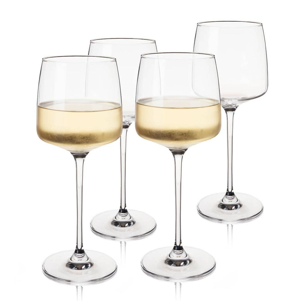 A set of four clear, angled Chardonnay wine glasses made of European lead-free crystal, displayed on a white surface.