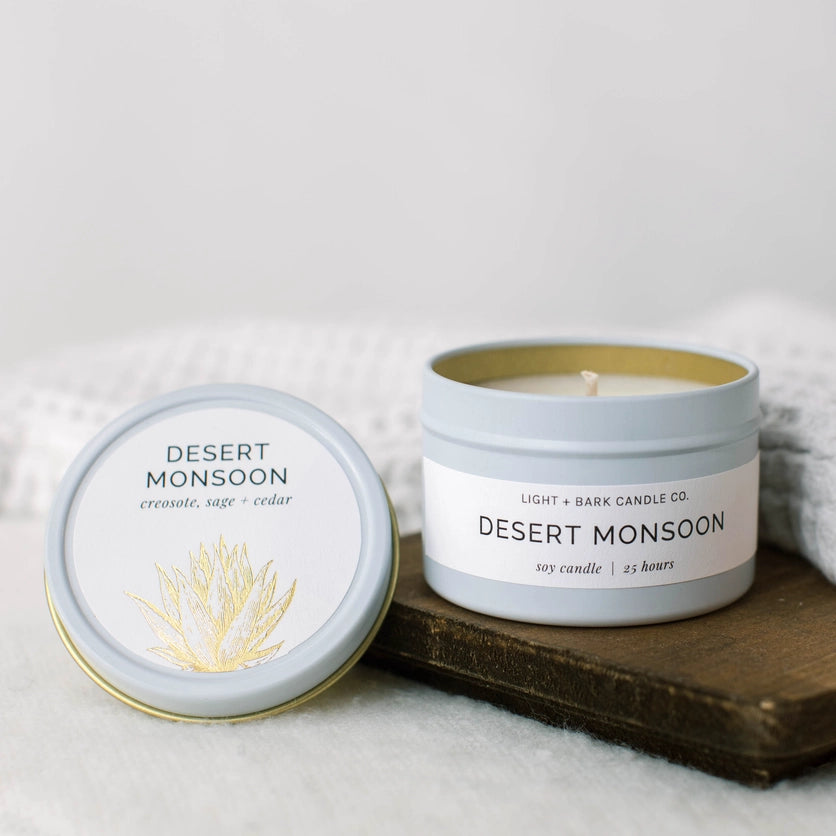 Desert Monsoon candle with packaging on a neutral background