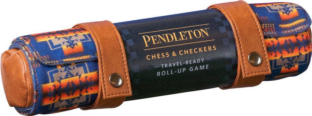 Pendleton Chess & Checkers roll-up game with blue and orange pattern