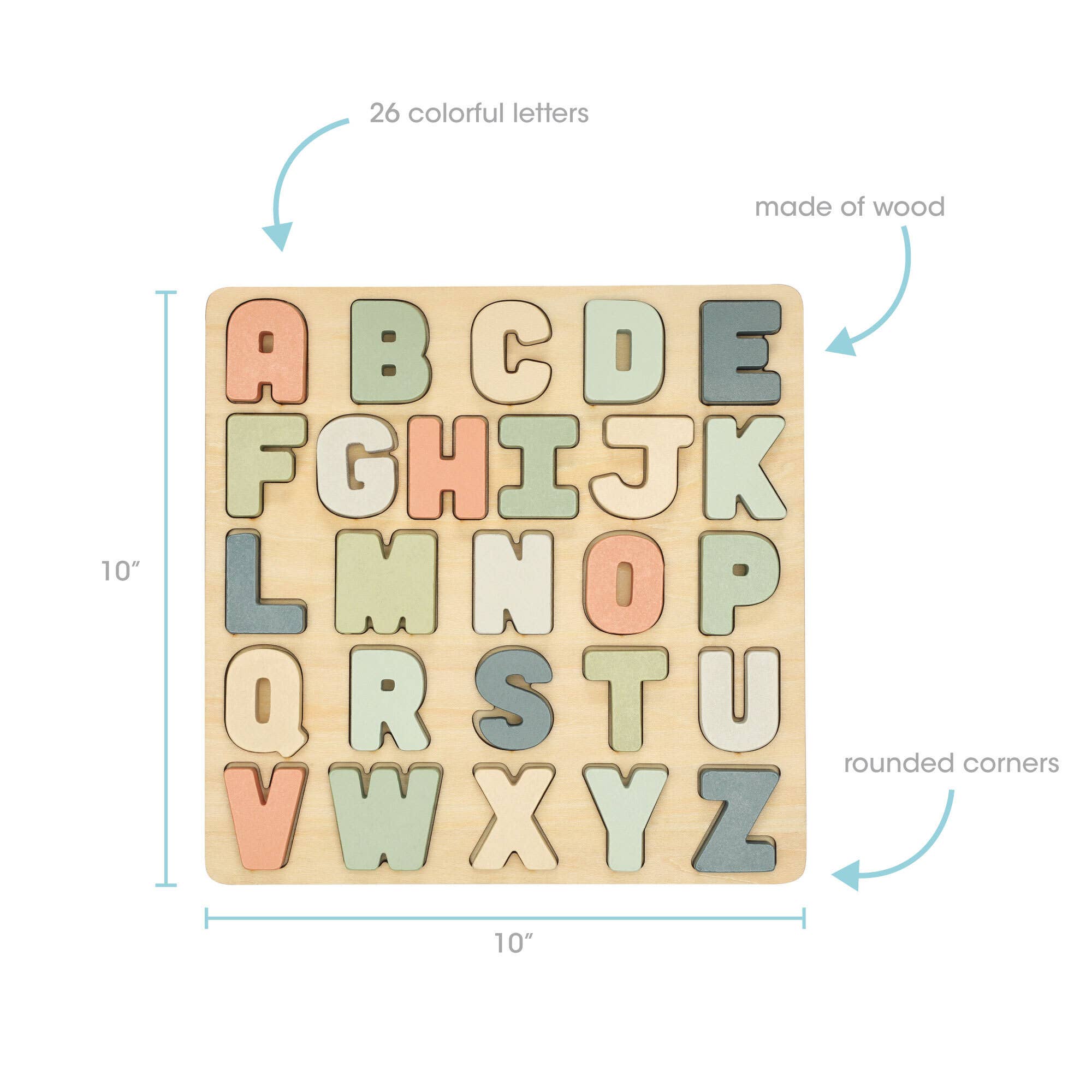 10" x 10" dimensions of ABC puzzle for ages 12m+