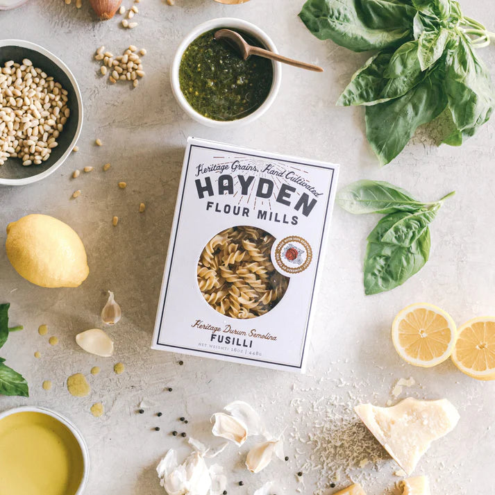Hayden pasta box, pesto, lemons bay leaves 