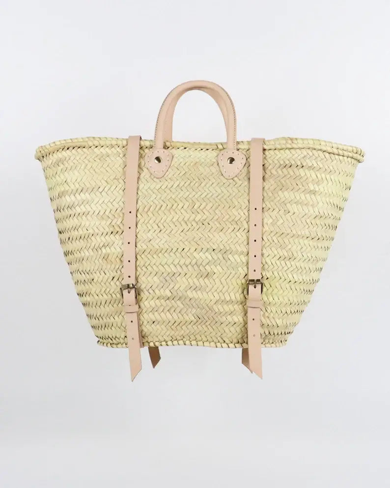 STRAW BAG Handmade leather, French Market Basket Backpack